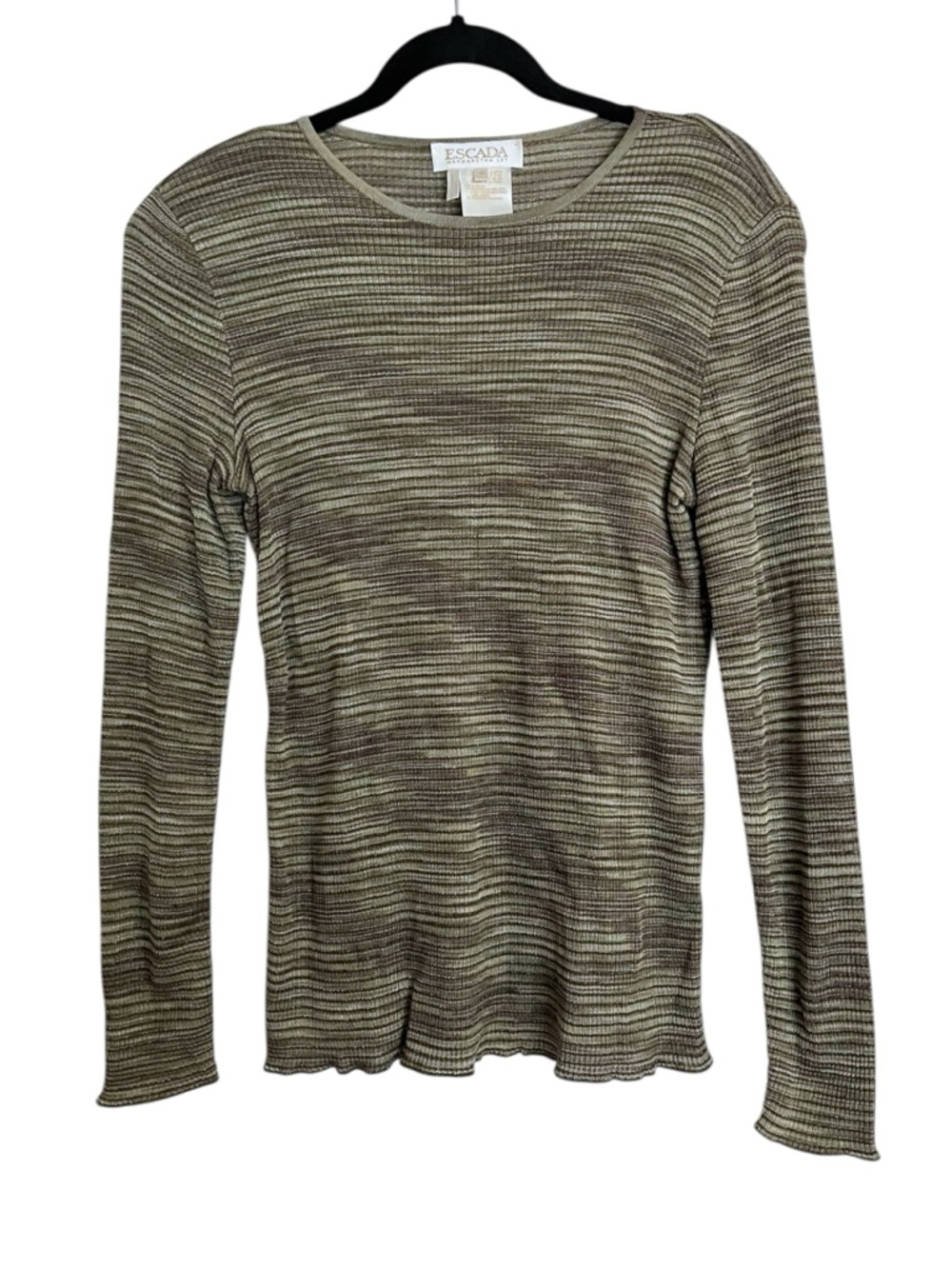 Vintage Escada 80’s Metallic Wool Knit Crewneck Lettuce Trim Long Sleeve Top